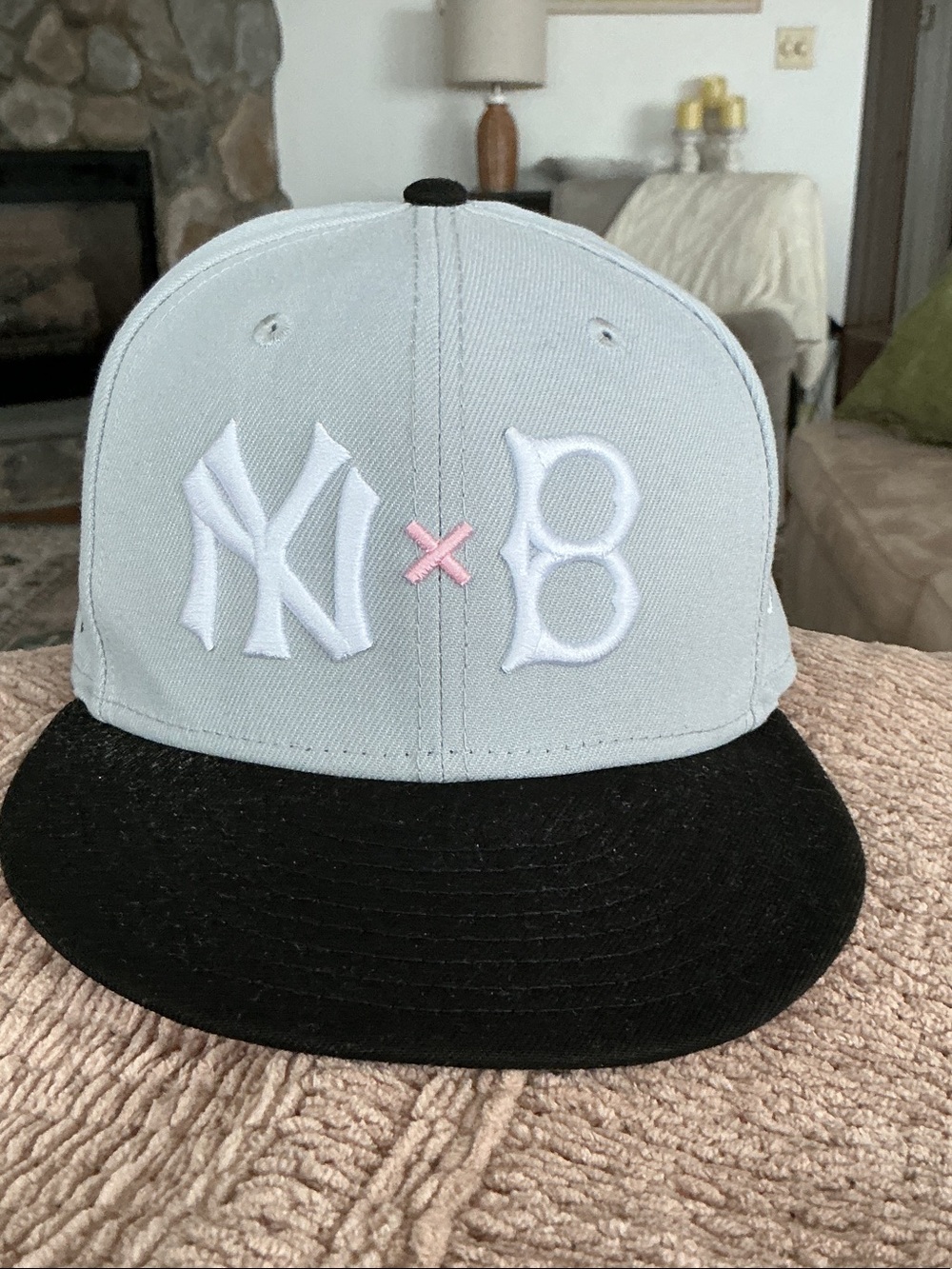 New Era Light Gray and Black NY x B Snapback Hat with Pink Accent